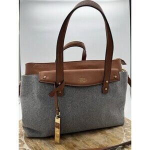 Vince Camuto ILya  Purse Tote Bag Ghost Gray And Umber Leather Wool Handle Strap